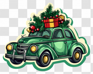 Christmas Car - Festive Green Car With Christmas Tree And Gifts Transparent PNG