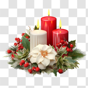Christmas Candle - Christmas Candle Decoration With Berries And Flowers Transparent PNG