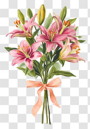 Pink Lily Bouquet With Ribbon Transparent PNG