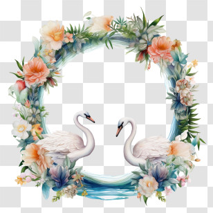 Flower Frame - Swans With Floral Wreath Transparent PNG