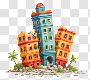 Earthquake Destruction - Colorful Cartoon Buildings Transparent PNG