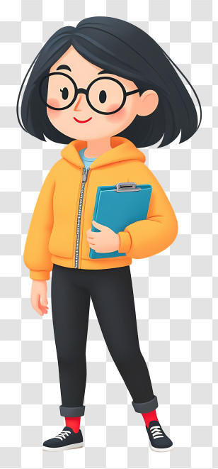 Cartoon Woman Teacher - Friendly Student With Clipboard In Orange Hoodie Transparent PNG