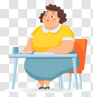 Overweight Woman Sitting At Table - Woman Working At Desk With Coffee Transparent PNG