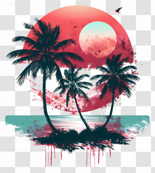 Get Away - Tropical Beach Sunset With Palm Trees Illustration Transparent PNG
