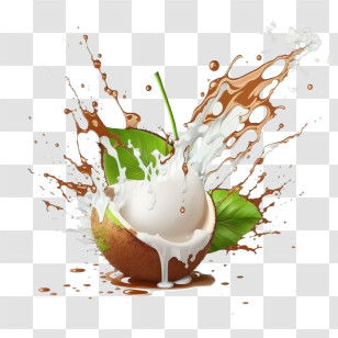 Coconut Juice
 - Coconut Splash With Milk And Leaves Transparent PNG