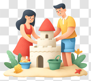 Couple Building Sandcastle - Cute Sandcastle Building At The Beach Transparent PNG