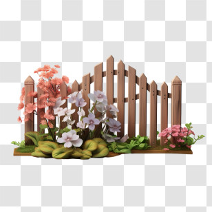 Wooden Garden Fence - Wooden Garden Fence With Blooming Flowers Transparent PNG