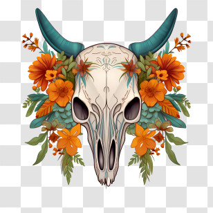 Bull Skull - Decorative Skull With Flowers And Ornamental Horns Transparent PNG