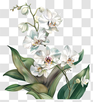 White Orchids - Elegant White Orchids With Green Leaves Transparent PNG