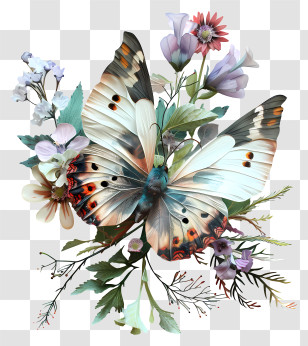 Butterfly - Butterfly Among Floral Designs Transparent PNG