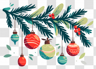 Christmas Balls On A Branch - Christmas Ornaments Hanging On Pine Branch Transparent PNG