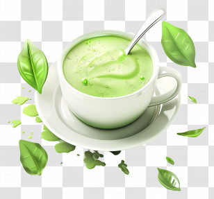 Matcha Green Tea - Green Tea In White Cup With Tea Leaves Transparent PNG