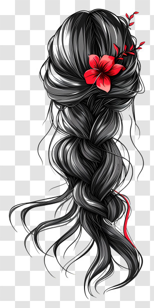 Braided Hair Wig - Black Braided Hairstyle With Decorative Red Flower Transparent PNG
