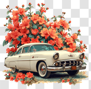 White Car - Vintage Car Surrounded By Bright Flowers Transparent PNG