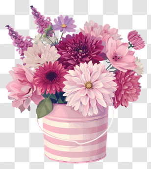 Valentine Flower Art - Beautiful Pink Flower Bouquet In A Striped Bucket Transparent PNG