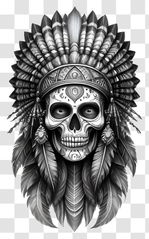Cartoon - Skull Artwork With Native Headdress Transparent PNG