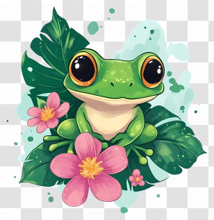 Kawaii Frog - Cute Cartoon Frog With Flowers And Leaves Transparent PNG