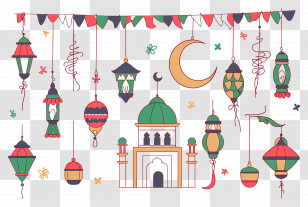 Eid Mubarak - Islamic Lanterns And Crescent Moon For Ramadan Transparent PNG