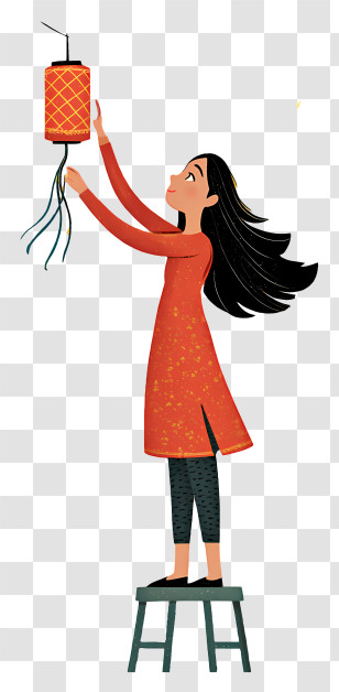 Woman Hanging Paper Lantern - Woman Hanging Red Lantern Transparent PNG