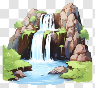 Sketch Style Waterfall - Cartoon Waterfall With Flowing Stream And Rocks Transparent PNG