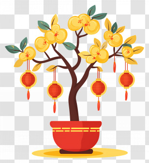 Yellow Flowers - Lunar New Year Tree With Red Lanterns Transparent PNG