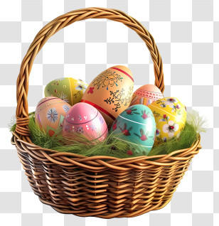 Cartoon 3d Easter Egg Basket - Colorful Easter Eggs Arranged In A Basket Transparent PNG