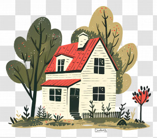 Cartoon Farmhouse - Small House With Red Roof Surrounded By Trees Transparent PNG
