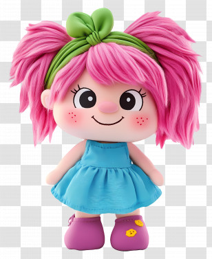 Tikiboo Troll - Pink-Haired Doll With Green Ribbon And Blue Dress Transparent PNG