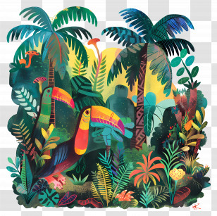 Nature Background - Tropical Rainforest Artwork With Exotic Toucans Transparent PNG