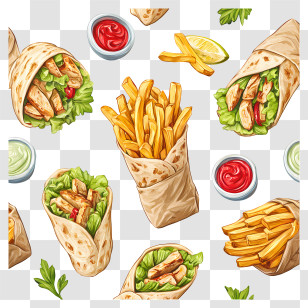 Chicken Shawarma Roll - Chicken Wraps And Fries Pattern Transparent PNG