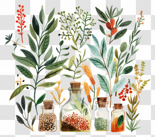 Herbs And Spices - Collection Of Herbs And Bottles Transparent PNG