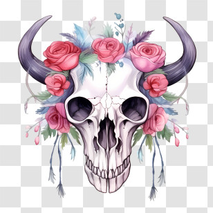 Deer Skull - Decorative Skull With Roses And Horns Illustration Transparent PNG