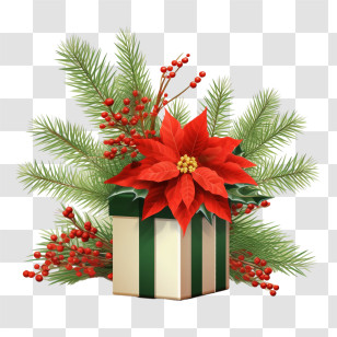 Christmas Gift - Christmas Gift Box With Poinsettia Transparent PNG