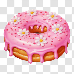 Donut - Pink Donut With Icing And Flower Decorations Transparent PNG