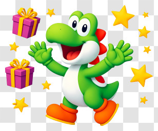 Yoshi Birthday - Happy Green Dino With Gifts Transparent PNG