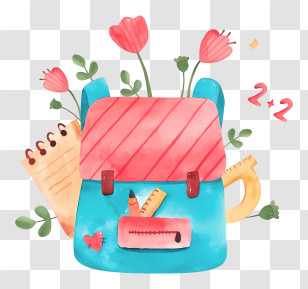 Watercolor Painting - Blue And Pink Backpack With Flowers And Notepad Transparent PNG