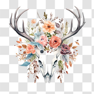 Antlers And Flowers - Floral Deer Skull With Antlers Transparent PNG