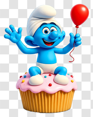 Smurf Birthday - Smurf On Cupcake With Balloon Transparent PNG