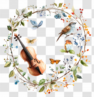 Music Circle - Violin And Birds In A Floral Wreath Transparent PNG