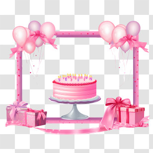 Birthday Frame - Pink Birthday Cake With Balloons And Gifts Decoration Transparent PNG