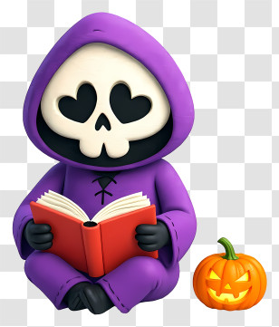 Cute Cartoon Grim Reaper - Adorable Halloween Skeleton Reading Transparent PNG
