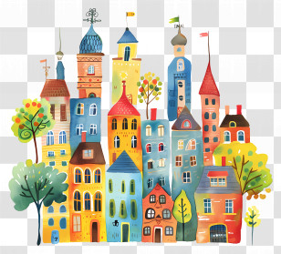 Cityscape Scene - Colorful City Buildings In Artistic Style Transparent PNG