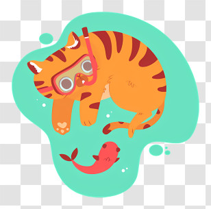 Tiger - Cute Cat With Snorkel And Fish Transparent PNG