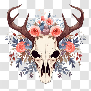 Deer Skull - Decorative Deer Skull With Antlers And Floral Accents Transparent PNG