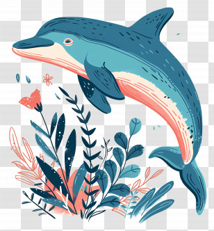 Cartoon Dolphin - Playful Dolphin With Ocean Plants Illustration Transparent PNG