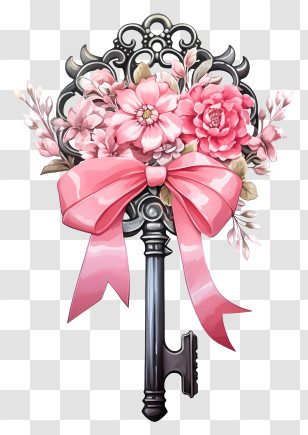 Lock - Ornate Key With Flowers And Ribbon Transparent PNG
