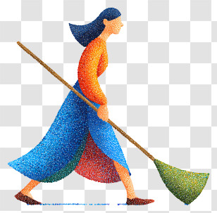 Woman Holding Broom - Colorful Woman With Broom Transparent PNG