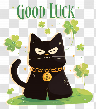Good Luck - Good Luck Black Cat With Clovers Transparent PNG