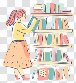 Woman Selecting Books From Shelf - Illustration Of Woman Picking Books From Shelf Transparent PNG