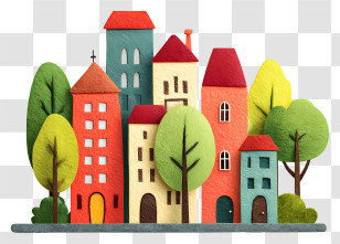 City Summer Street - Colorful Houses With Trees Transparent PNG